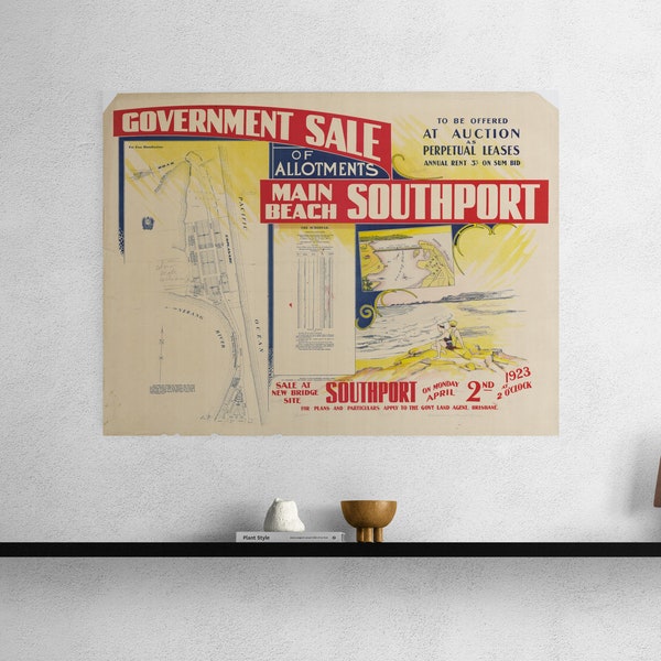 Carte du domaine de Southport, 1923, rue principale de la Gold Coast, rues de la Gold Coast, vieille carte, affiche imprimée antique, art mural, décoration rétro, cadeau