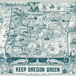 Vintage 1954 environmental poster depicts a colorful map of Oregon with emphasis on keeping the state green. Features Portland and iconic beaver symbol. Retro wall art representing Oregon's conservation efforts. Perfect for nostalgic home decor