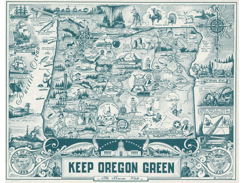 Vintage 1954 environmental poster depicts a colorful map of Oregon with emphasis on keeping the state green. Features Portland and iconic beaver symbol. Retro wall art representing Oregon's conservation efforts. Perfect for nostalgic home decor