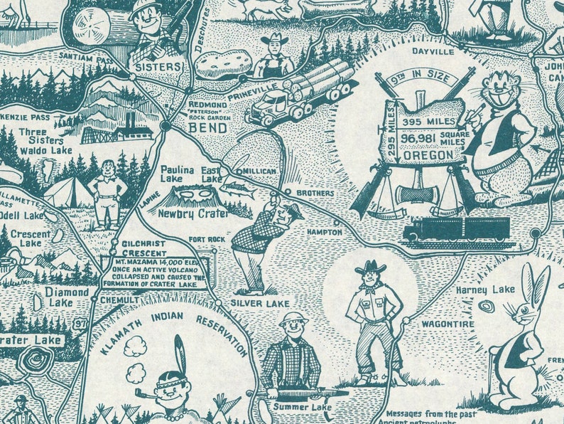 Vintage 1954 environmental poster depicts a colorful map of Oregon with emphasis on keeping the state green. Features Portland and iconic beaver symbol. Retro wall art representing Oregon's conservation efforts. Perfect for nostalgic home decor