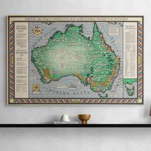 Vintage Map Australia 1928 Agricultural Products Old Fisheries Map Antique Mines Print Farming Poster Wall Art Retro Home Decor Gift
