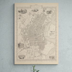 Carte vintage de Belfast, Irlande du Nord, 1851, histoire de l'Irlande, rues, vieille carte, impression antique, affiche, café, art mural, décoration rétro, cadeau