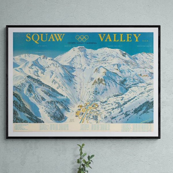 Vintage Framed Squaw Valley Winter Olympics Poster 1960 Retro Illustrated California Print Skiing Wall Art Americana Home Decor USA Gift