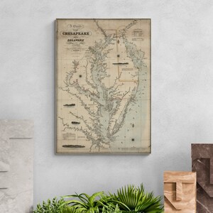 Carta vintage das baías de Chesapeake e Delaware 1862 Mapa de navegação História EUA Vela Poster Arte de parede Retro Home