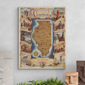 Mapa vintage de Illinois EE.UU. 1938 Geografía Historia Antiguo mapa ilustrado Impresión antigua Póster Arte de la pared Retro Decoración del hogar Regalo