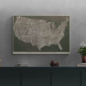 May include: A vintage-style map of the United States showing topography with brown and white lines on a green background. The map is framed and hanging on a gray wall above a dark blue shelf with decorative objects.