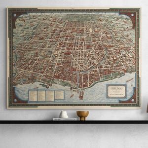 Vintage Chicago Chicago Karte Drucken 1938 | Retro Vogel-Persen-Ansicht der größten Stadt im Binnenland | Alte USA Landkarte Poster | Einzigartiges Wohndekor