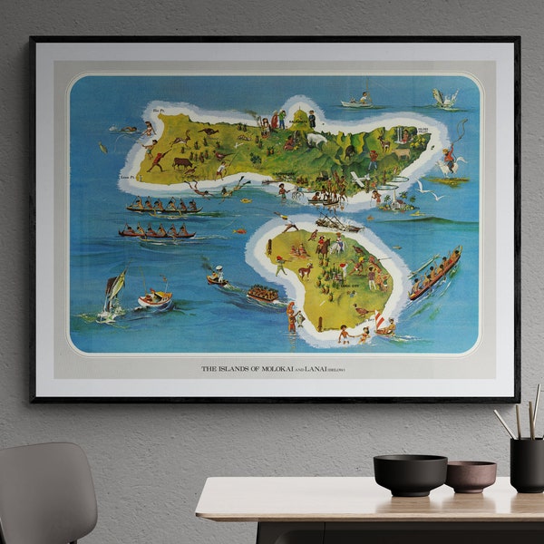 Vintage Framed Map of the Islands of Molokai and Lanai Hawaii 1968 Old Illustrated Map USA Print Poster Hawaiian Wall Art Retro Frame Island