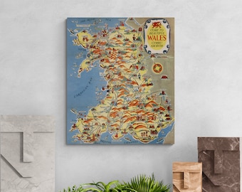 Kaartposter Wales 1953: vintage geïllustreerde afdruk Wales