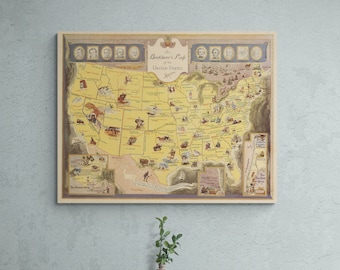 Booklovers Map Of The United States 1949 Pictorial America Authors Literary Classics Library Art USA Poster Wall Art Home Decor Gift