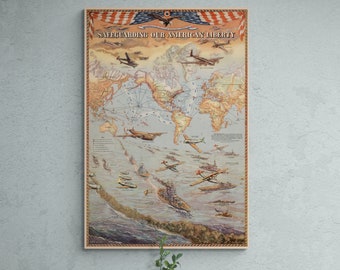 Vintage Military Map 1941 Safeguarding Our American Liberty Warships Fighter Planes War History Old Map Antique Print Poster