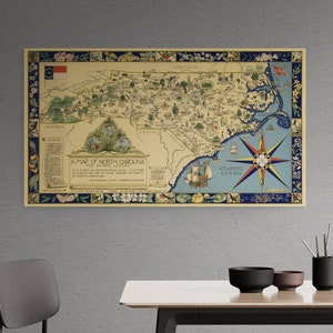 Mapa antiguo de Carolina del Norte para amantes de la naturaleza, 1937, mapa antiguo ilustrado, póster antiguo de EE. UU., arte de pared, decoración retro para el hogar, regalo