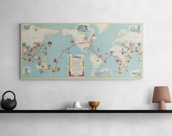 1937年航空地図。アメリカ航空路線図。歴史的版画、リトグラフ額装。88