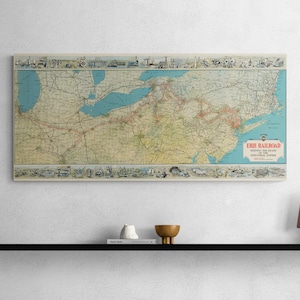 Old Illustrated Map of the Erie Railroad 1930 American Industrial History USA Trains North East Print Poster Wall Art Home Decor Gift