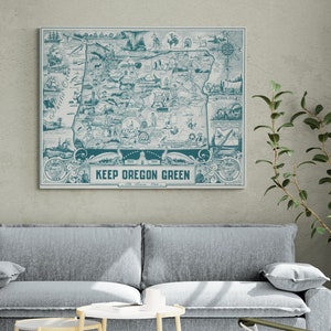 Vintage 1954 environmental poster depicts a colorful map of Oregon with emphasis on keeping the state green. Features Portland and iconic beaver symbol. Retro wall art representing Oregon's conservation efforts. Perfect for nostalgic home decor