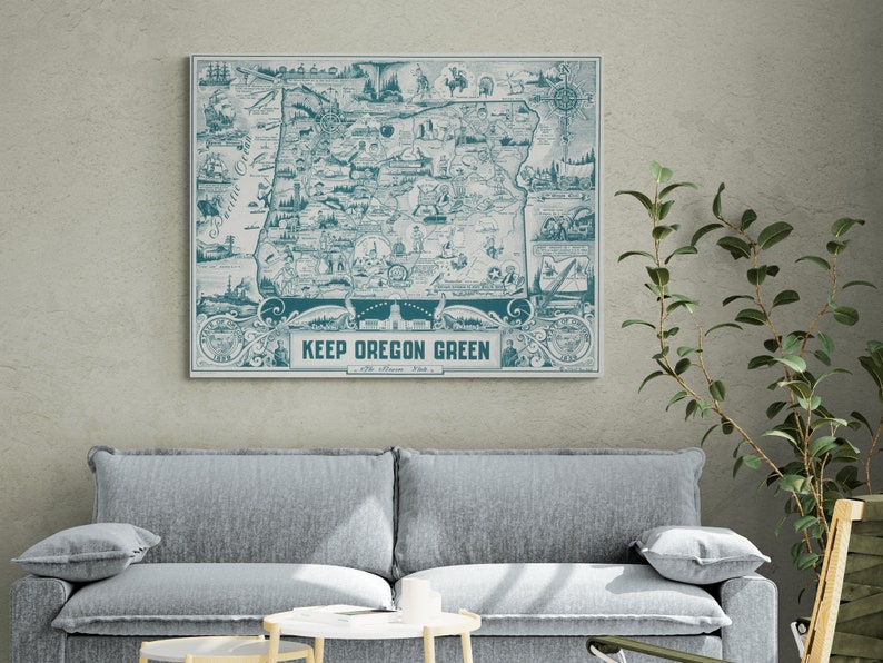 Vintage 1954 environmental poster depicts a colorful map of Oregon with emphasis on keeping the state green. Features Portland and iconic beaver symbol. Retro wall art representing Oregon's conservation efforts. Perfect for nostalgic home decor