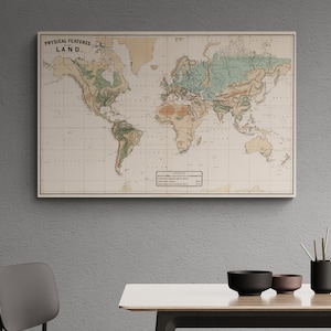 Carte du monde rétro, caractéristiques physiques du pays, 1862, ancienne carte, impression de l'atlas géographique, affiche d'art mural, décoration d'intérieur vintage, cadeau