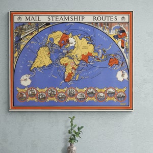 Vintage Postdampfer-Strecken Weltkarte 1937 Alte Post Karte Antike englische Post Office Print Poster Wand Kunst Retro Wohnkultur Geschenk