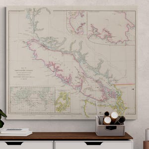 affiche de carte de l'île de Vancouver vintage 1858 – Art mural carte marine du vieux Canada | Cadeau de décoration d'intérieur rétro du golfe de Géorgie pour les amateurs d'histoire