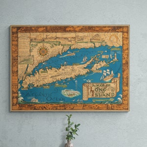 Vintage Karte von Long Island New York 1933 alte illustrierte Karte Sepia Antikdruck Poster Bildliche Wandkunst NYC Retro Home Decor Geschenk