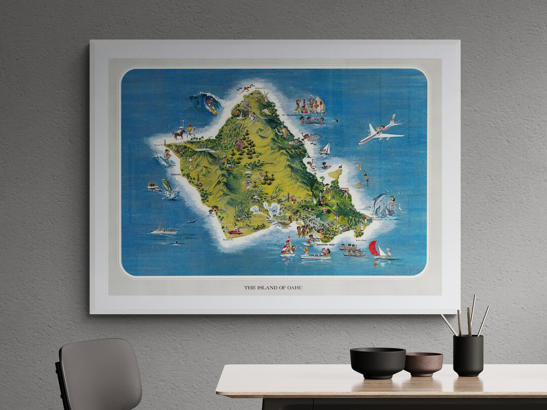 Vintage Karte der Insel Oahu Hawaii 1968 alte illustrierte Landkarte