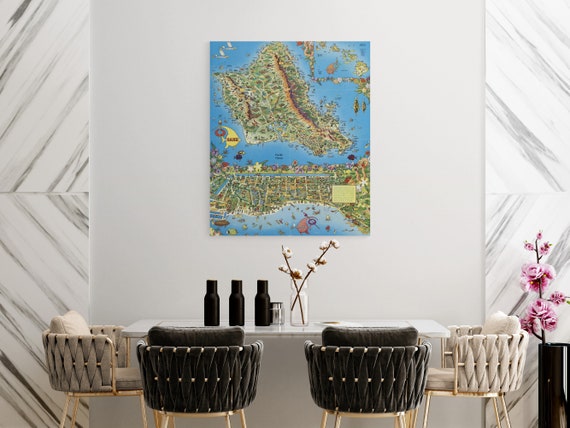 1940s vintage 3D ハワイアンヘッド　 壁掛け Waikiki Beach Map Art Print: 1950s Vintage Hawaiian Island Poster