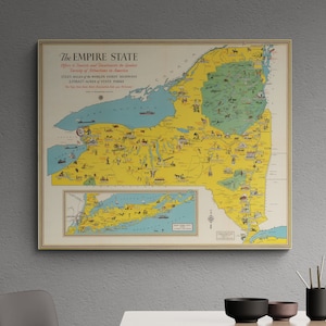 Carte vintage New York City 1932 l'Empire State illustrée ancienne carte impression picturale antique Long Island affiche murale art déco rétro