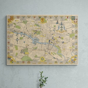 Plan illustré vintage de Glasgow, Écosse 1938, ancienne carte du Royaume-Uni illustrée, affiche imprimée ancienne, art mural, décoration d'intérieur rétro, cadeau