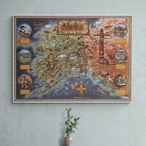 May include: A vintage illustrated map of Alaska, featuring a colorful depiction of the state's geography, wildlife, and landmarks. The map is titled "Alaska, Far North Frontier" and includes details like mountains, rivers, forests, and animals.