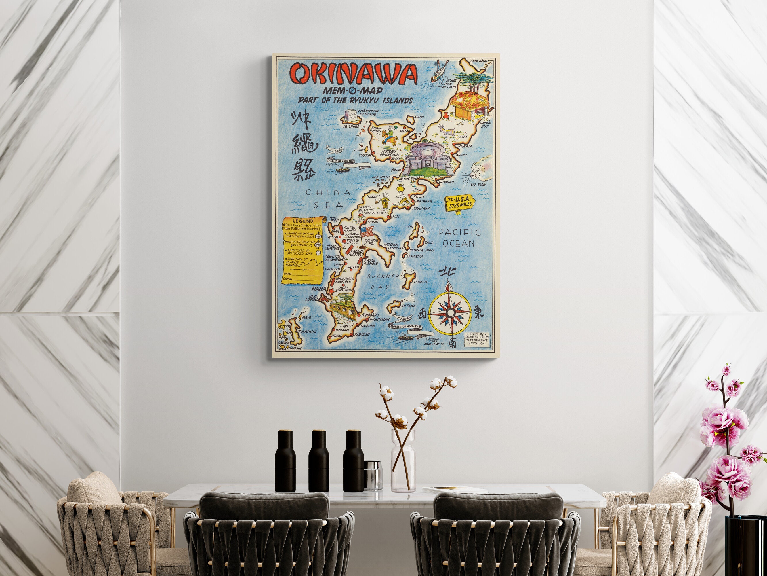 レトロな沖縄地図プリント：1945年の絵画風壁画 - Etsy 日本