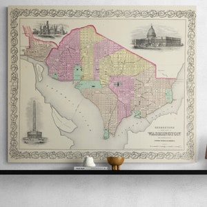 Carte vintage de Georgetown et de la ville de Washington, 1856 Coltons, Atlas DC, carte des rues, affiche, art mural, café, art rétro, salle de classe, décoration d'intérieur, cadeau
