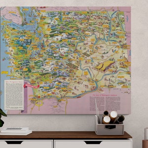 Vintage carte picturale État de Washington 1953 Evergreen State Old Seattle carte illustré antique impression affiche art mural rétro décoration cadeau