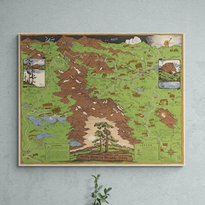 Póster vintage de 1948 con mapa del Parque Nacional de las Montañas Rocosas, Estes Park y Grand Lake, Colorado, arte de pared retro ilustrado, regalo de decoración para el hogar