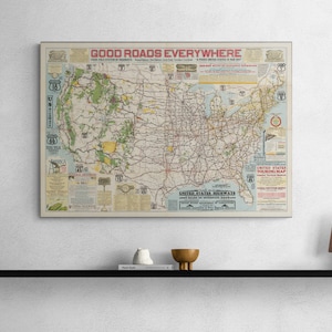 Oude kaart van de VS snelwegen 1926 goede wegen overal wegatlas toerkaart Americana geschiedenis vintage wegposter kunst aan de muur cadeau