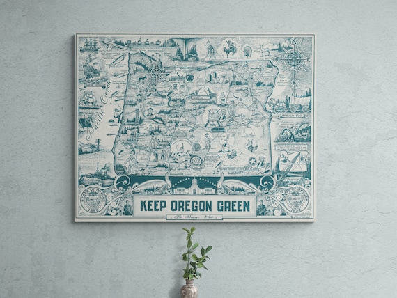 Vintage Oregon Map Print: 1954 "Keep Oregon Green" Environmental Poster