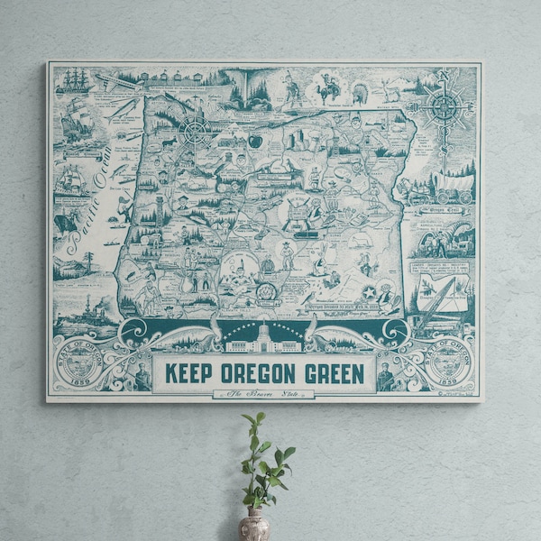 Vintage Oregon Map Print: 1954 "Keep Oregon Green" Environmental Poster