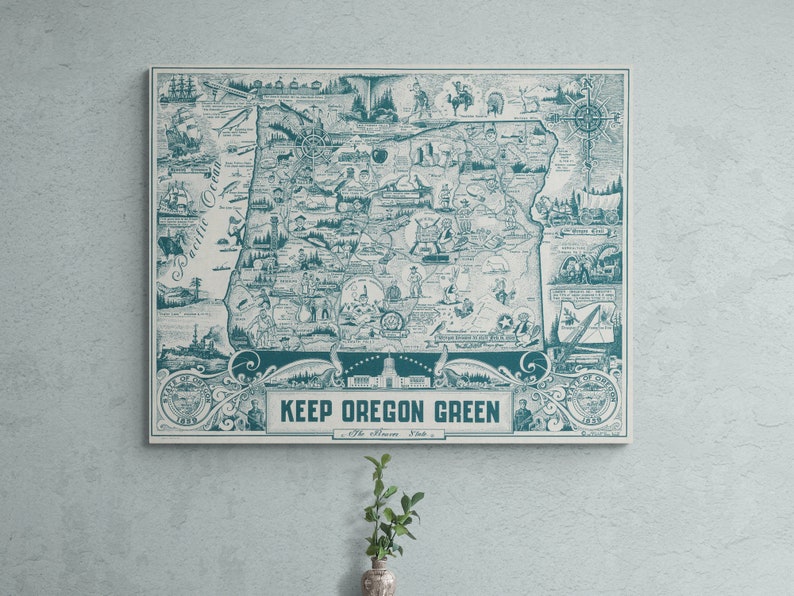 Vintage 1954 environmental poster depicts a colorful map of Oregon with emphasis on keeping the state green. Features Portland and iconic beaver symbol. Retro wall art representing Oregon's conservation efforts. Perfect for nostalgic home decor