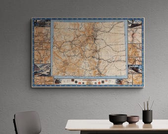 Póster vintage de los ferrocarriles de Colorado de 1943: mapa antiguo de trenes de Denver