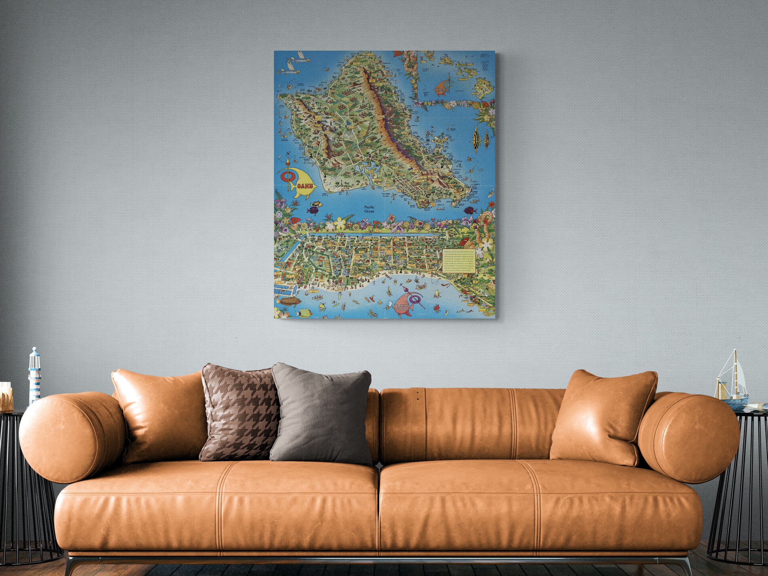 Waikiki Beach Map Art Print: 1950s Vintage Hawaiian Island Poster