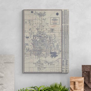 Mapa de Phoenix de 1947 antiguo: póster con el directorio de calles de Arizona, arte de pared retro de EE. UU., decoración del suroeste, regalo de mapa histórico para el hogar
