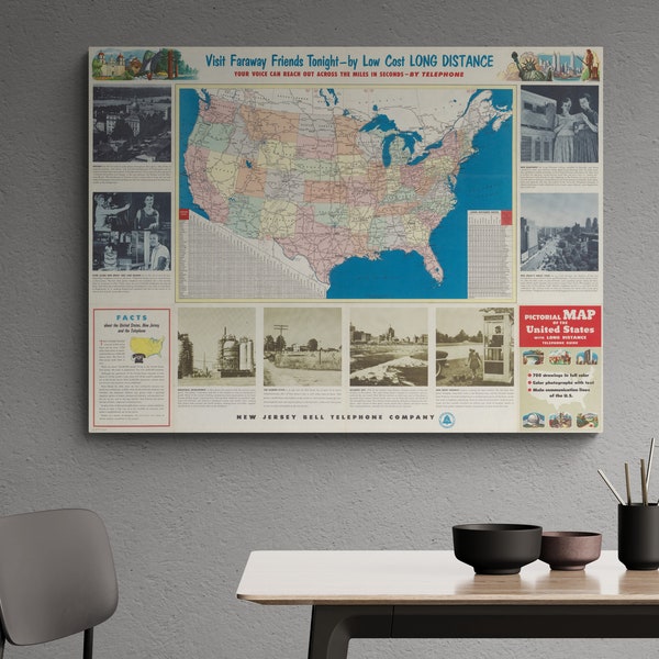 Vintage New Jersey Bell Telephone Company Guide Map 1953 Old Pictorial Map Antique Print Poster Wall Art Retro Home Decor Gift