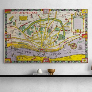 Vintage Map Liverpool England 1934 Historical Literary Allusions Illustrated Pictorial Streets Old Map Antique Print Wall Art Retro Decor