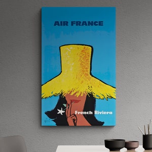 Vintage Reiseplakat Air France 1963 Retro französische Riviera Illustrierter Druck Europäische Luftfahrt Wand Kunst Wohnkultur Geschenk