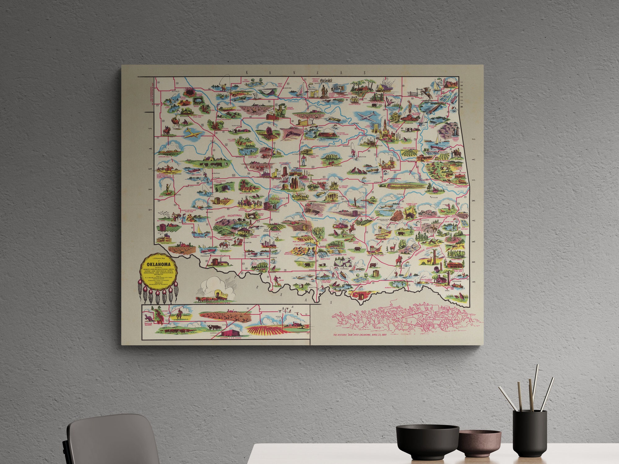 ヴィンテージのオクラホマ地図プリント：1950年代のアメリカーナ絵画風