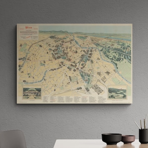 Vintage bildliche Karte Wien 1939 Retro Illustrierte Touristenkarte Plan der Sehenswurdigkeiten Antiker Druck Vogelauge Wandkunst Retro Dekor