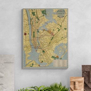 New York Map Transport Routes 1939 Worlds Fair Streets Old Map Vintage Americana Antique Print Poster Cafe Wall Art Retro Home Decor Gift