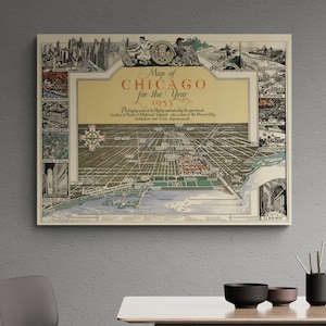 Carte vintage de Chicago, 1933, histoire américaine illustrée à vol d'oiseau, carte de l'Illinois, carte des rues, affiche d'art mural, décoration d'intérieur, cadeau