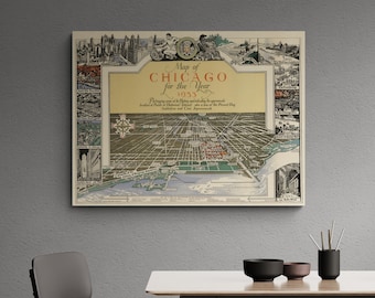 Vintage Chicago Map 1933: Pictorial Illinois Street Art Poster
