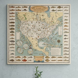 Mapa de pesca 1936 Caza mayor agua dulce y salada Mapa de pesca ilustrado Antiguo EE.UU. Impresión cartel pared arte retro pescador regalo único presente