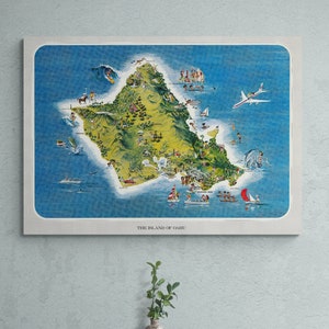 Vintage Map of the Island of Oahu Hawaii 1968 Old Illustrated Map USA Print Poster Hawaiian Wall Art Retro Island Style Home Decor Gift